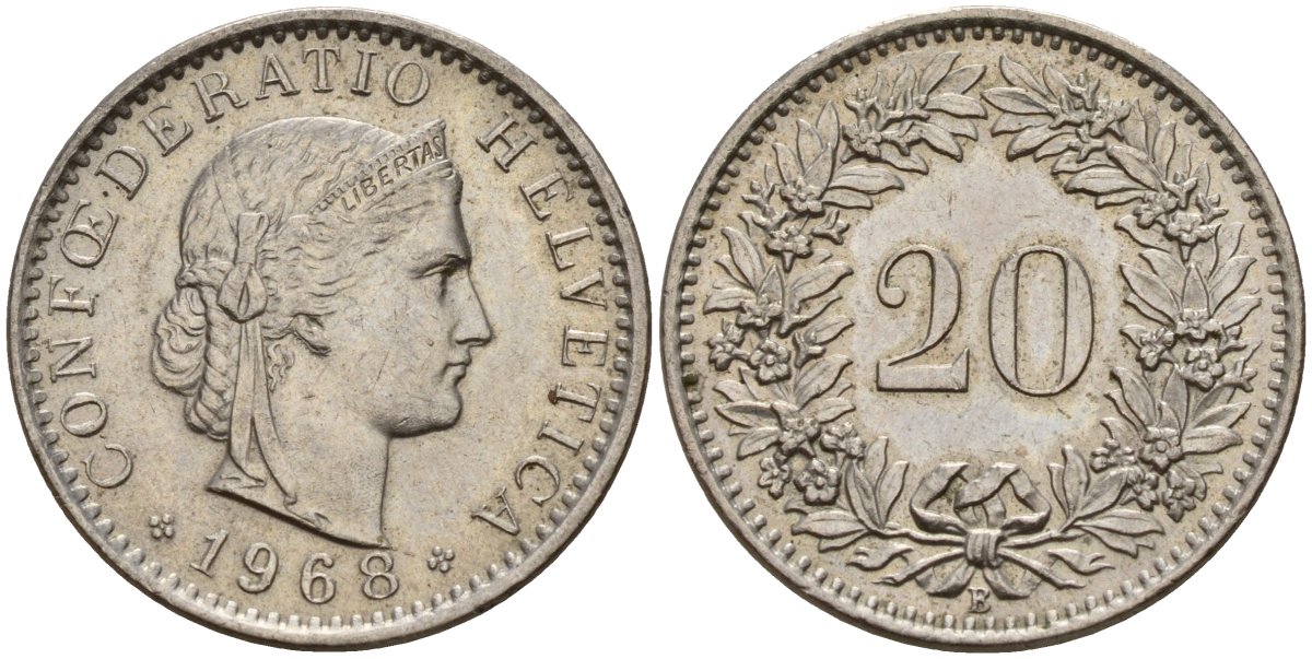 Швейцария 20 раппенов 1968 B KM 29a медно-никель 4187-555