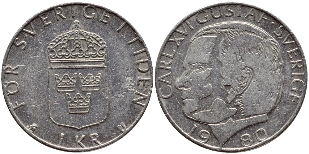 Швеция 1 крона 1980 Карл XVI Густав (1973- ) KM 852 медь плакированная медно-никелем 4397-946