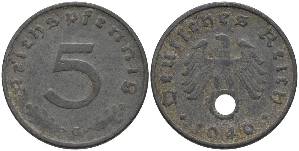 Германия 5 рейхспфеннигов 1940 G, монетный двор Карлсруэ KM 100, J. 370 цинк 186-713