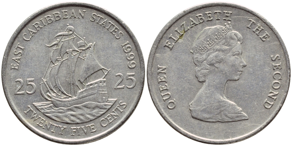 Восточно-Карибские штаты 25 центов 1999 Елизавета II (1952-2022), парусник KM 14 медно-никель 89-612