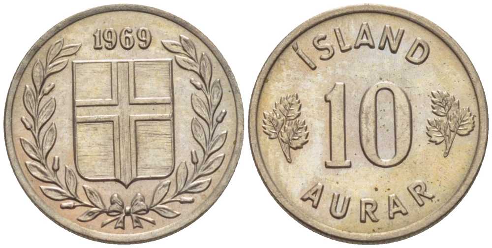 Исландия 10 эйре 1969 KM 10 медно-никель UNC 66-269