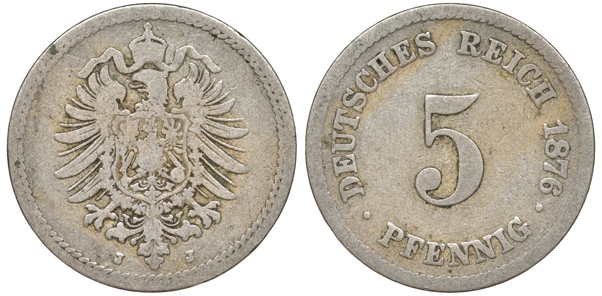 Германия 5 пфеннигов 1876 J, старогербовка KM 3, J. 3 медно-никель 51-3831