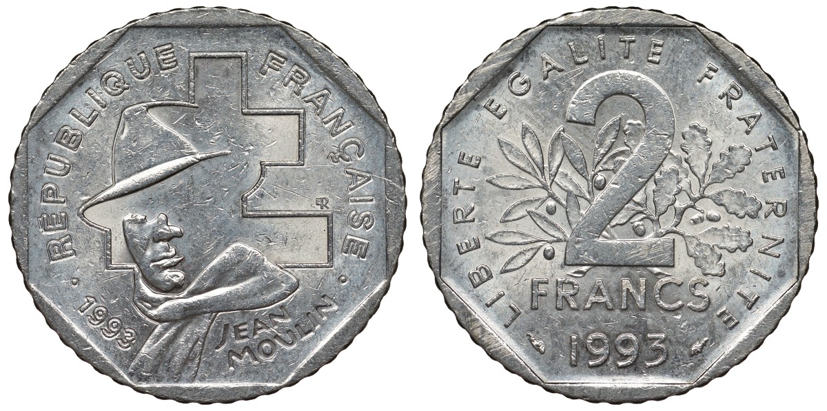Франция 2 франка 1993 Жан Мулен, 50 лет Национальному движению сопротивления KM 1062, Le Franc 273.2 никель 4123-436