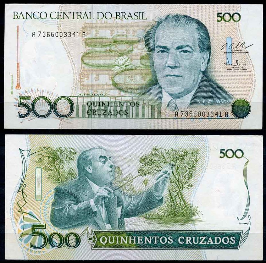 Бразилия 500 крузадо ND (1986-1988) серия A 7366, 100 лет со дня рождения Эйтор Вилла-Лобос Pick 212 c бумага UNC (пресс) 2196-37-3-1