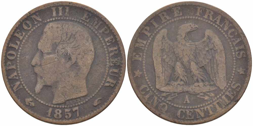 ФРАНЦИЯ 5 САНТИМОВ 1857 A, НАПОЛЕОН III (1852-1870) KM 777.1, LE FRANC 116.37 бронза 108-445