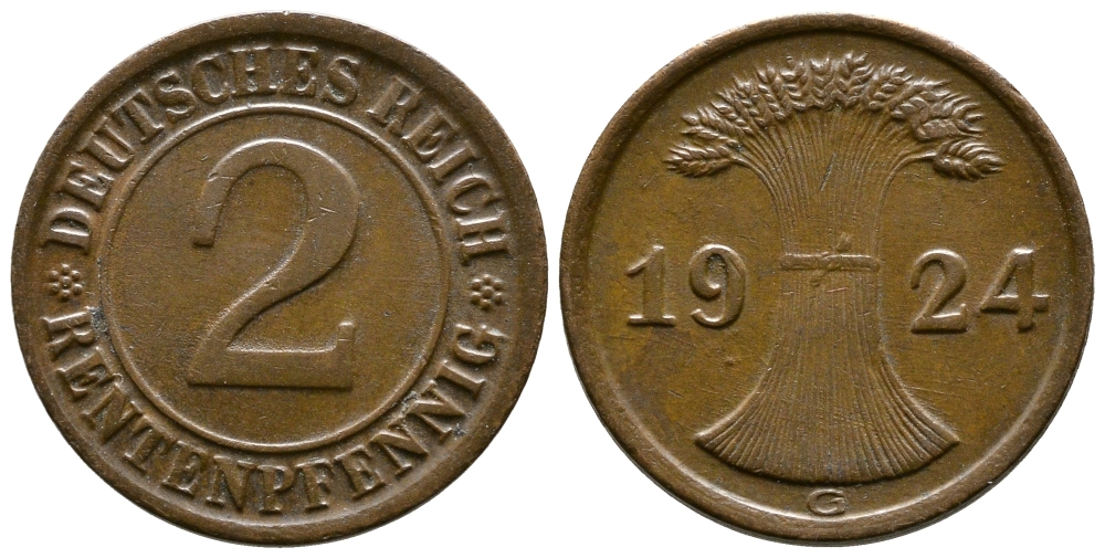 ГЕРМАНИЯ 2 РЕНТЕНПФЕННИГА 1924 G KM 31, J.307 бронза 86-1433