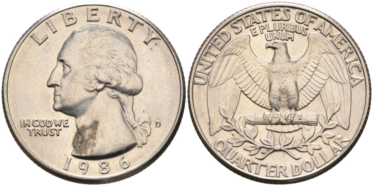 США 25 центов = квотер 1986 D, Вашингтон KM A164a медь плакированная медно-никелем 4584-1227