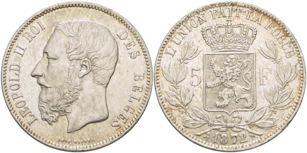 Бельгия 5 франков 1872 Леопольд II (1865-1909) KM 24 серебро 4184-623