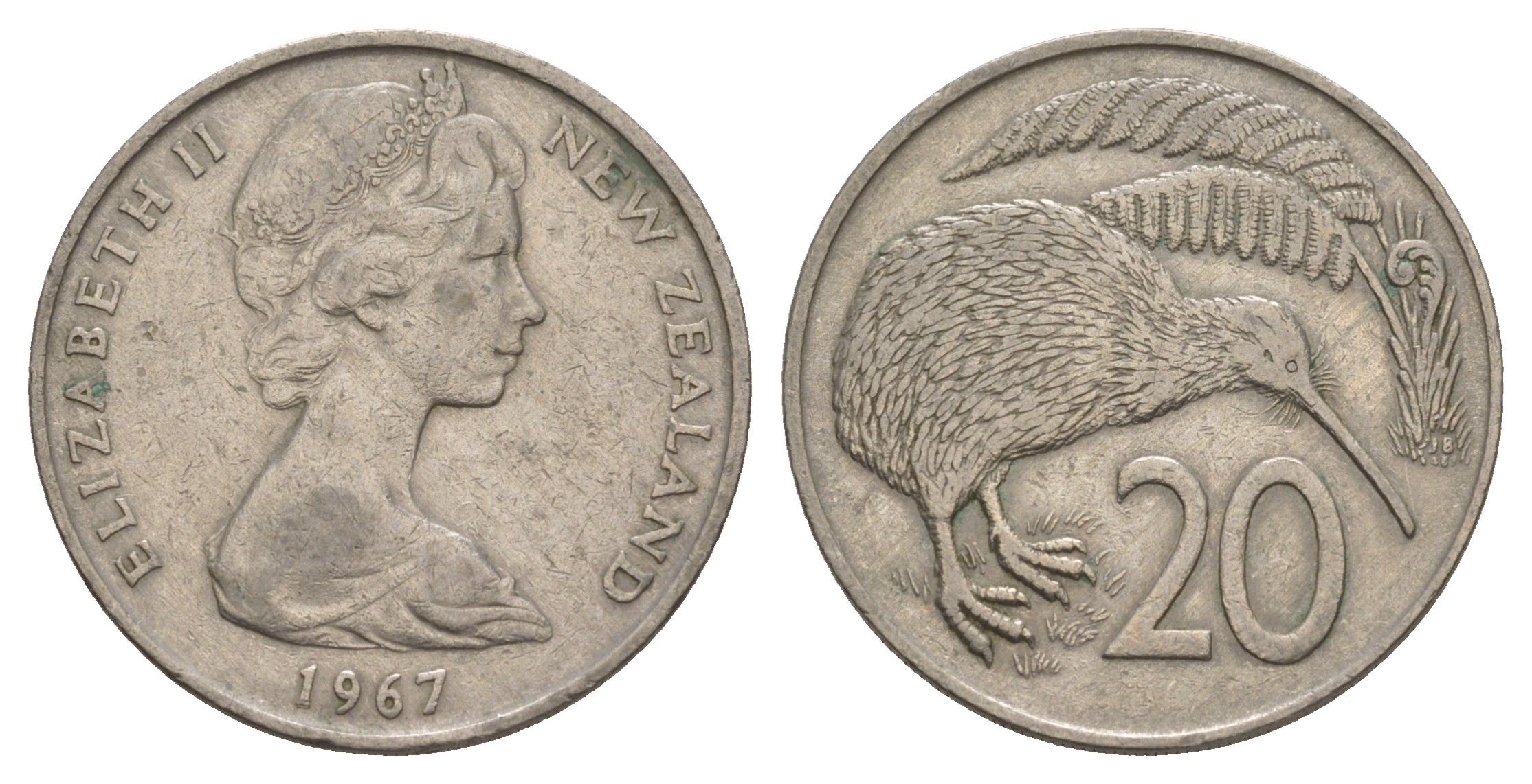 Новая Зеландия 20 центов 1967 Елизавета II (1952-2022), птичка киви KM 36.1 медно-никель 4653-221
