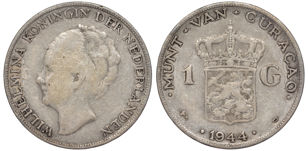 Нидерландское Кюрасао 1 гульден 1944 D, Вильгельмина (1890-1948) KM 45 серебро 36-527
