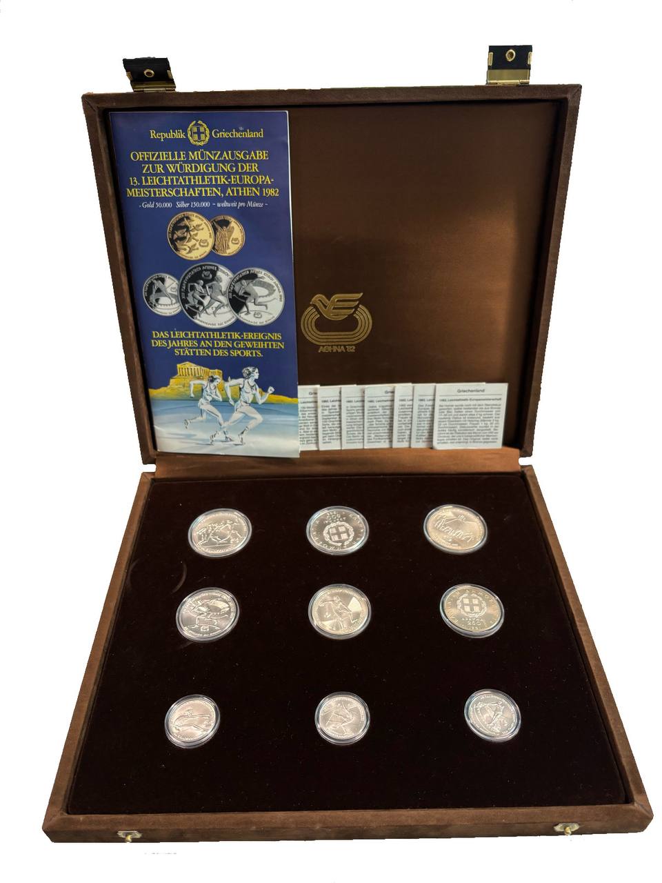 Греция официальный набор из 9 монет номиналом 100, 250 и 500 драхм 1981-1982 XIII Пан-Европейские игры KM 135, 136, 137, 138, 139, 140 серебро  UNC  14-01-06-02