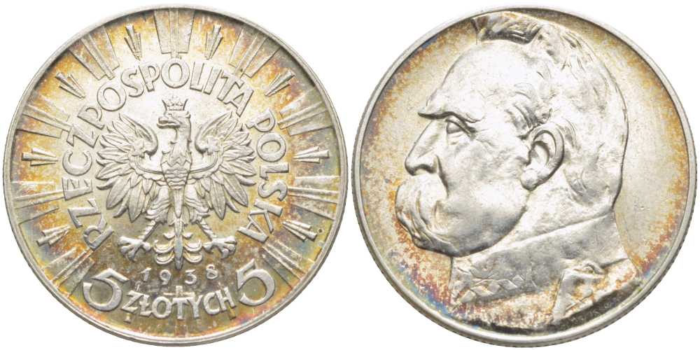 ПОЛЬША 5 ЗЛОТЫХ 1938 W, ЮЗЕФ ПИЛСУДСКИЙ KM 28 серебро 5010-1142