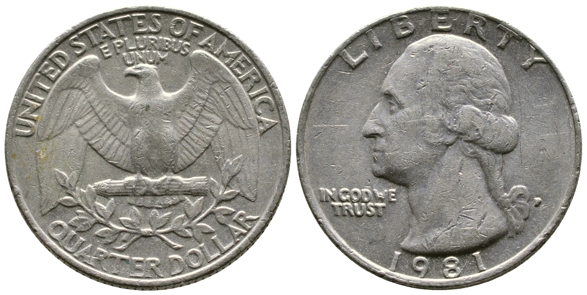 США 25 ЦЕНТОВ = КВОТЕР 1981 Р, ВАШИНГТОН KM А164а медь плакированная медно-никелем 4364-2225