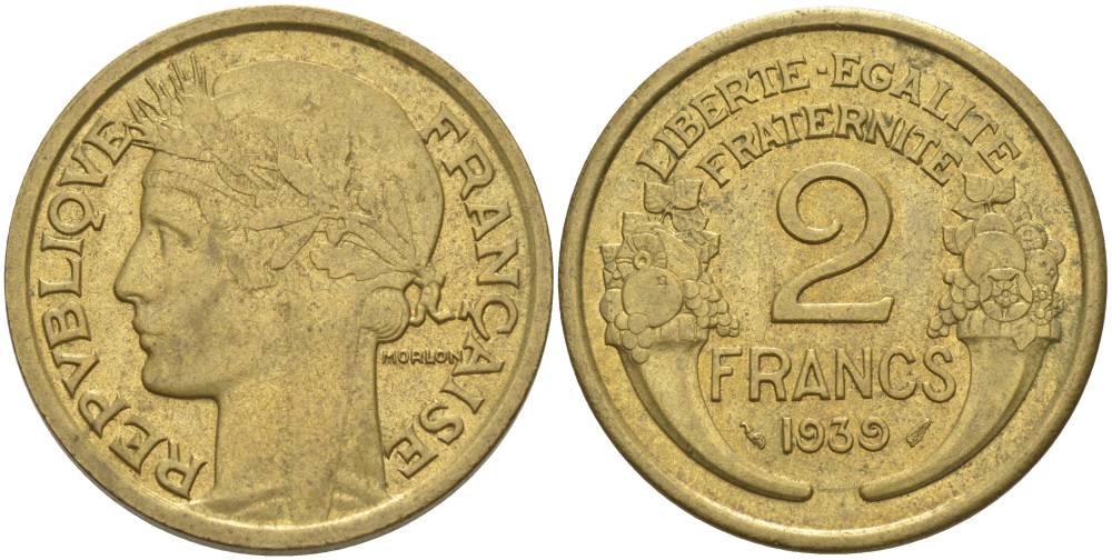 ФРАНЦИЯ 2 ФРАНКА 1939 ТИП MORLON KM 886, LE FRANC 268.12 алюминиевая бронза 3855-145