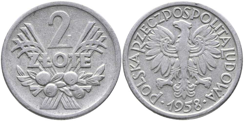 Польша 2 злотых 1958 MW KM 46, Parchimowicz 216a алюминий 111-214