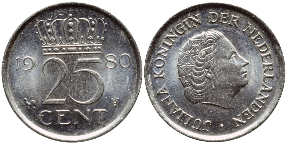 НИДЕРЛАНДЫ 25 ЦЕНТОВ 1980 ЮЛИАНА KM 183 никель 4392-1348
