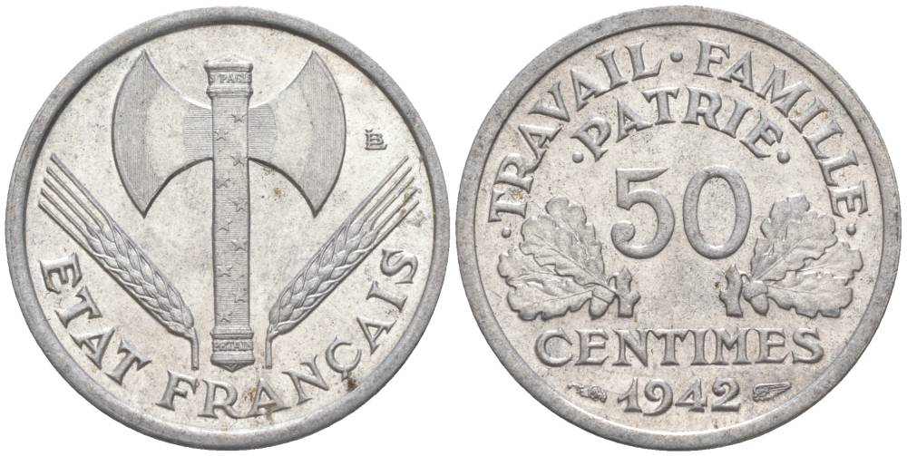 ФРАНЦИЯ 50 САНТИМОВ 1942 ТИП FRANCISQUE, LOURDE, ПРАВИТЕЛЬСТВО ВИШИ KM 914.1, LE FRANC 195.2 алюминий 44-337
