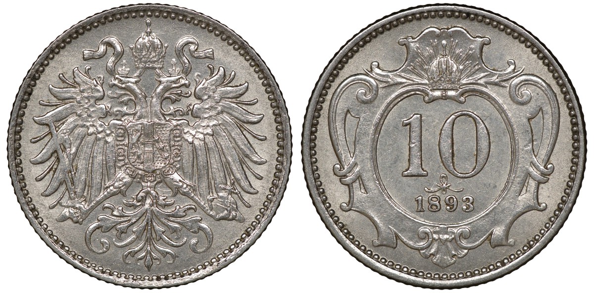 Австрия 10 геллеров 1893 Франц Иосиф I KM 2802 никель 4163-716