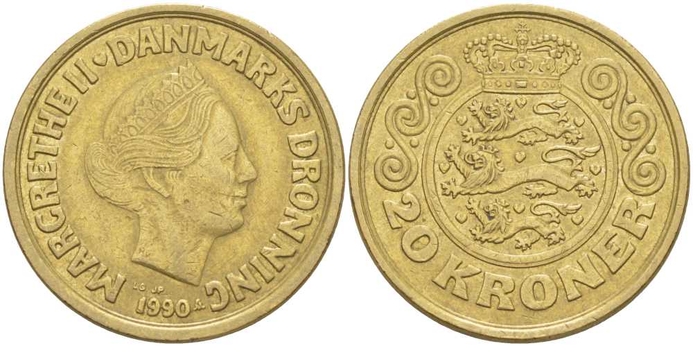 ДАНИЯ 20 КРОН 1990 LG; JP; A, МАРГРЕТЕ II (1972-) KM 871 алюминиевая бронза 38-436