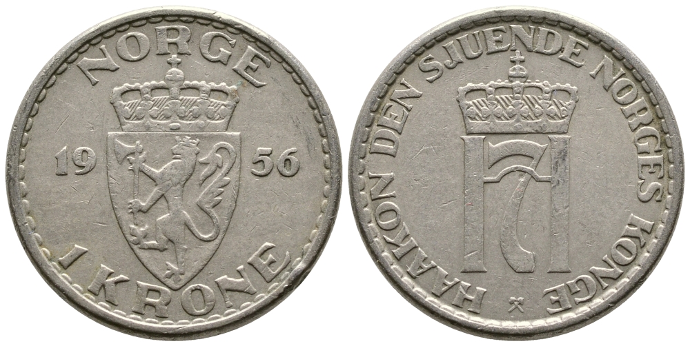 Норвегия 1 крона 1956 Хокон VII (1905-1957) KM 397 медно-никель 91-512