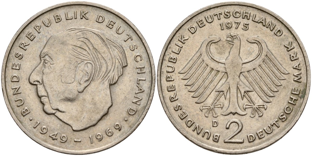 Германия 2 марка 1975 A, Теодор Хойс KM 127, J. 407 медно-никель 4179-1025