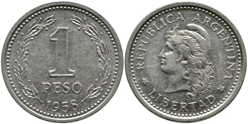 Аргентина 1 песо 1958 голова свободы влево KM 57 сталь плакированная никелем 4525-914