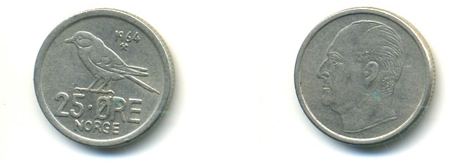 Норвегия 25 эре 1964 Улаф V (1958-1991), синица KM 407 медно-никель 80-857