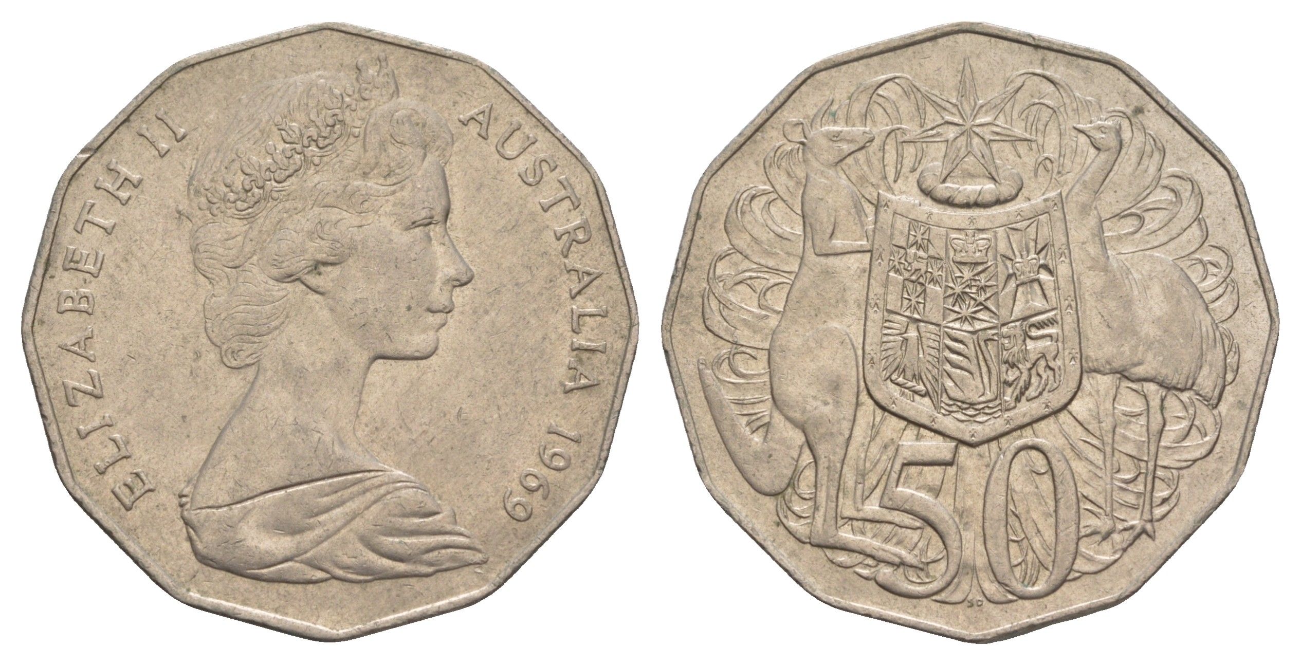 Австралия 50 центов 1969 Елизавета II (1952-2022), герб Австралии, кенгуру KM 68 медно-никель 4653-1115