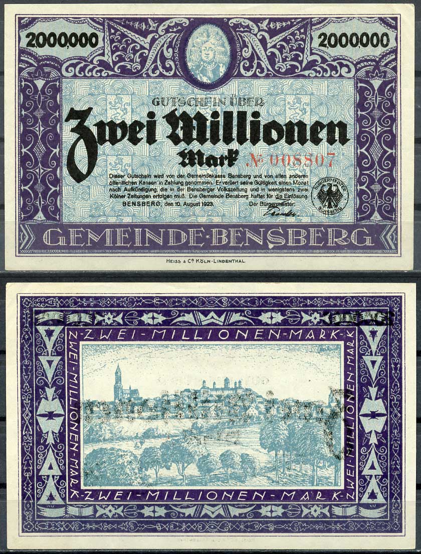 Германия, Бенсберг 2000000 марок 1923 нотгельд, 10.08.1923 бумага UNC (пресс) 444-108-1-2