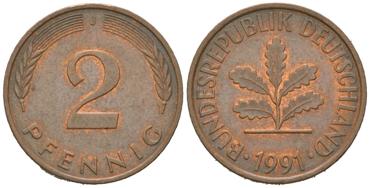 Германия 2 пфеннига 1991 J KM 106а, J. 381а сталь плакированная медью 4580-663