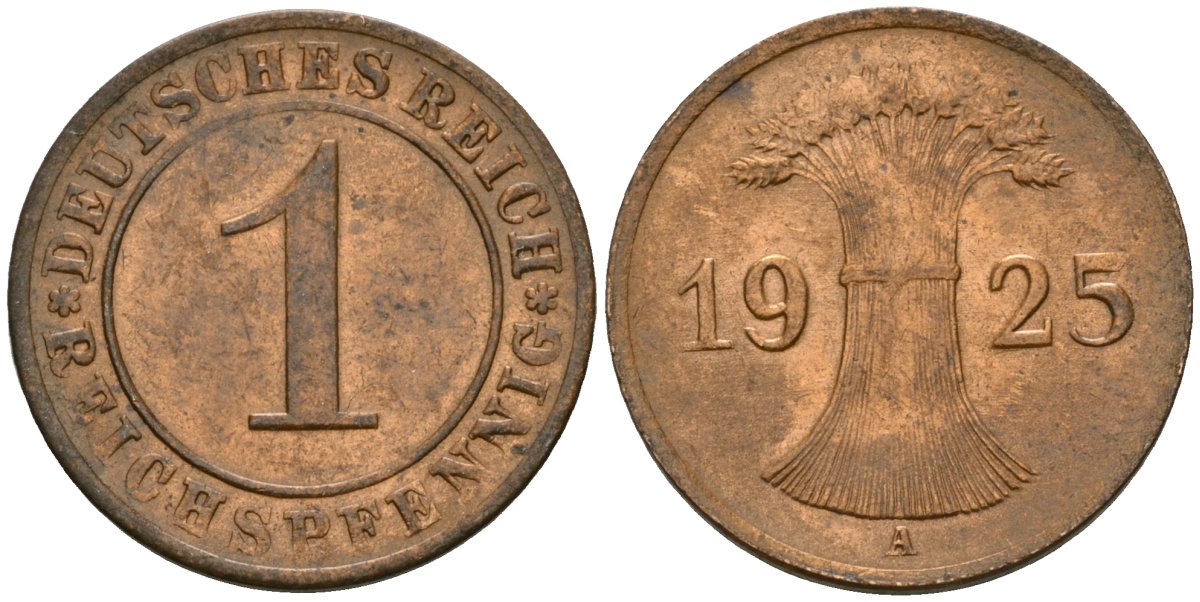 Германия 1 рейхспфенниг 1925 A KM 37, J. 313 бронза 4189-1118
