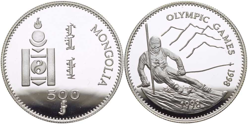 Монголия 500 тугриков 1998 XVIII зимние Олимпийские игры 1998 года в Нагано, слалом KM 155 серебро PROOF 1080-1-22