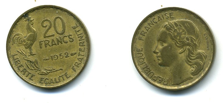 ФРАНЦИЯ 20 ФРАНКОВ 1952 KM 917.1 алюминиевая бронза 59-1131