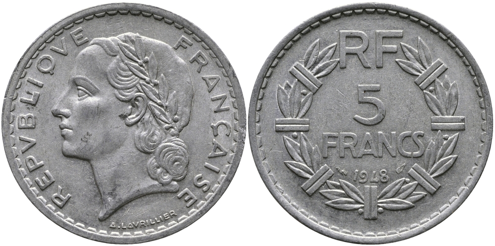 ФРАНЦИЯ 5 ФРАНКОВ 1948 OPEN 9 KM 888b.1 алюминий 97-634