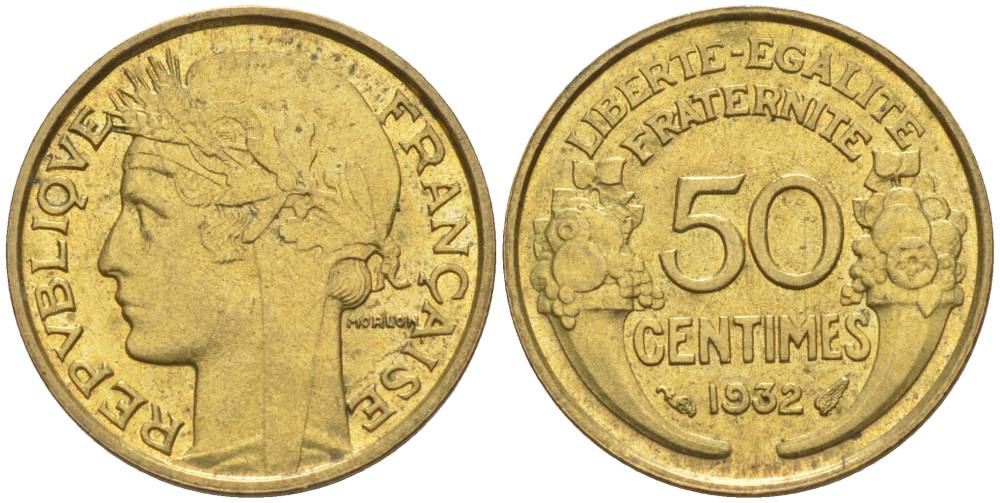 ФРАНЦИЯ 50 САНТИМОВ 1932 ТИП MORLON, OPEN 9, С ЯГОДОЙ KM 894.1, LE FRANC 192.7 алюминиевая бронза 44-724