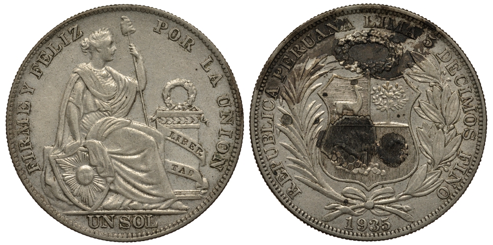 Перу 1 соль 1935 KM 218.2 серебро 272-1025