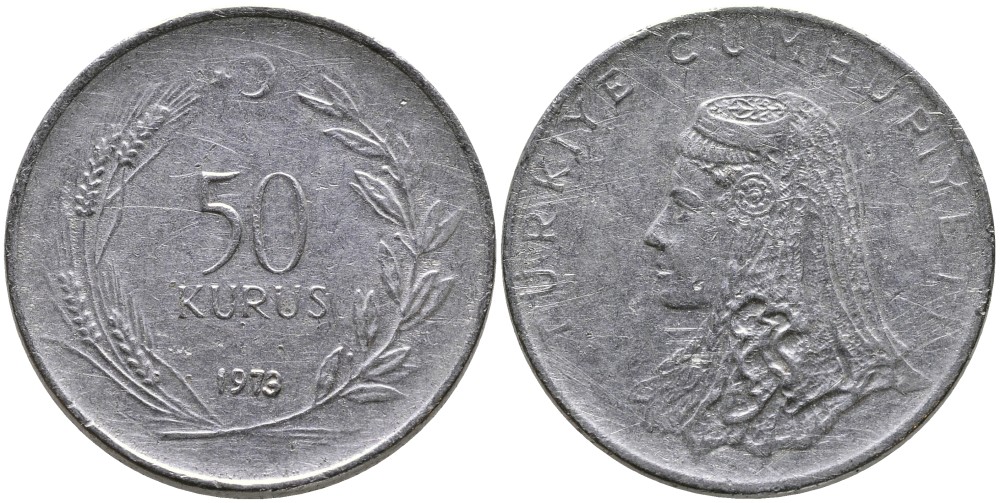 Турция 50 курушей 1973 Анатолийская невеста KM 899 нержавеющая сталь 4541-847