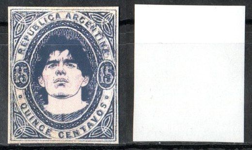 Аргентина фентезийная марка 15 сентаво с изображением Диего Арманды Марадоны фотография взята с командного портрета сборной Аргентины с золотого чемпионата мира 1986 года 8697-1-8-1