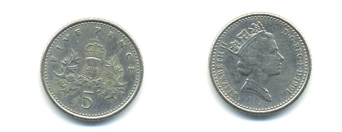 Великобритания 5 пенсов 1991 Елизавета II (1952-2022) KM 937b, Spink 4372 (D4) медно-никель 59-644