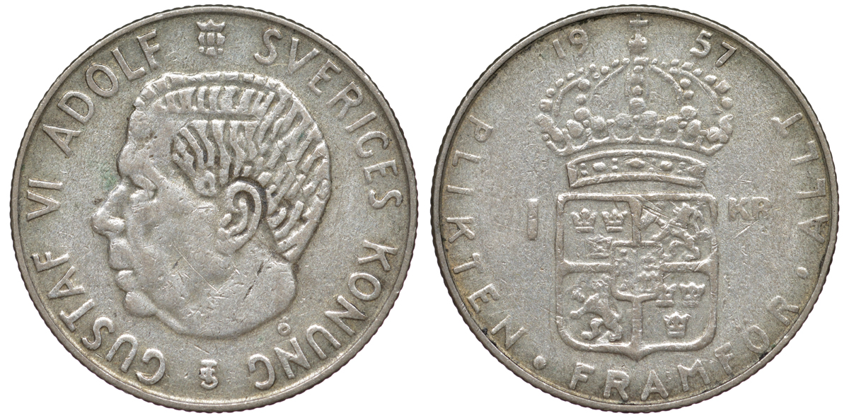 Швеция 1 крона 1957 TS, Густав VI Адольф (1950-1973) KM 826 серебро 4178-432