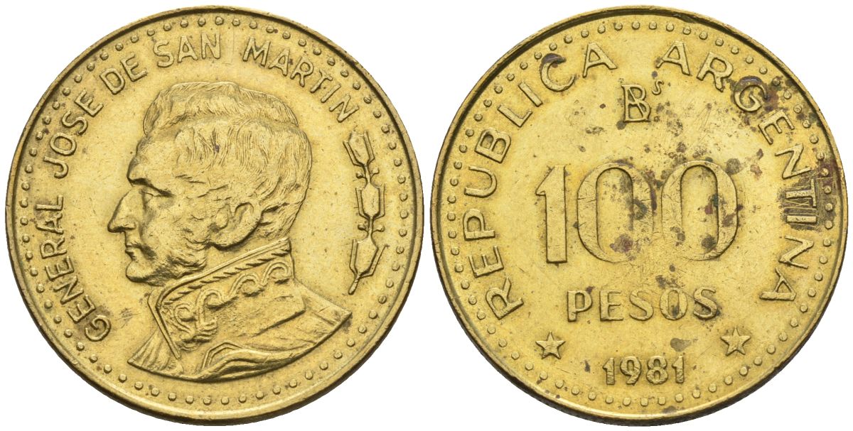 Аргентина 100 песо 1981 Ba, генерал Хосе де Сан Мартин KM 85a, Schon 86a сталь плакированная латунью    60-555