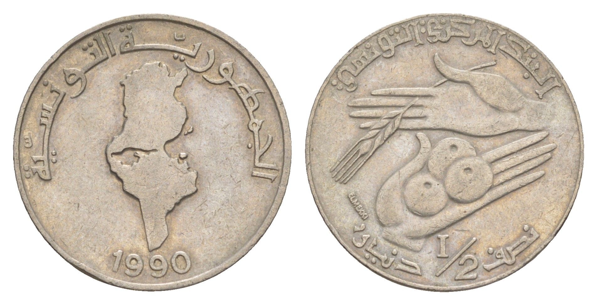 Тунис 1/2 динара 1990 KM 318 медно-никель 4513-147