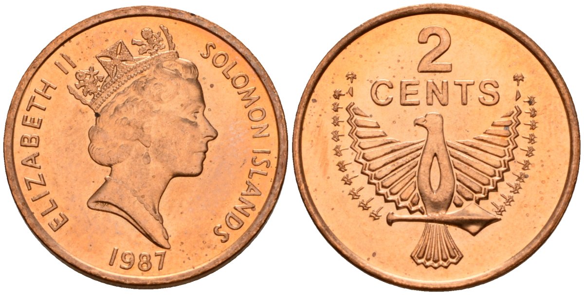 Соломоновы Острова 2 цента 1987 Елизавета II (1953-) KM 25 сталь плакированная бронзой aUNC 4563-125