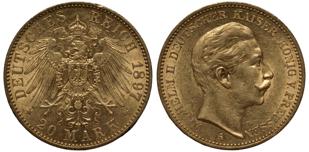 Пруссия 20 марок 1897 Вильгельм II J. 252, KM 521 золото 00-000-00