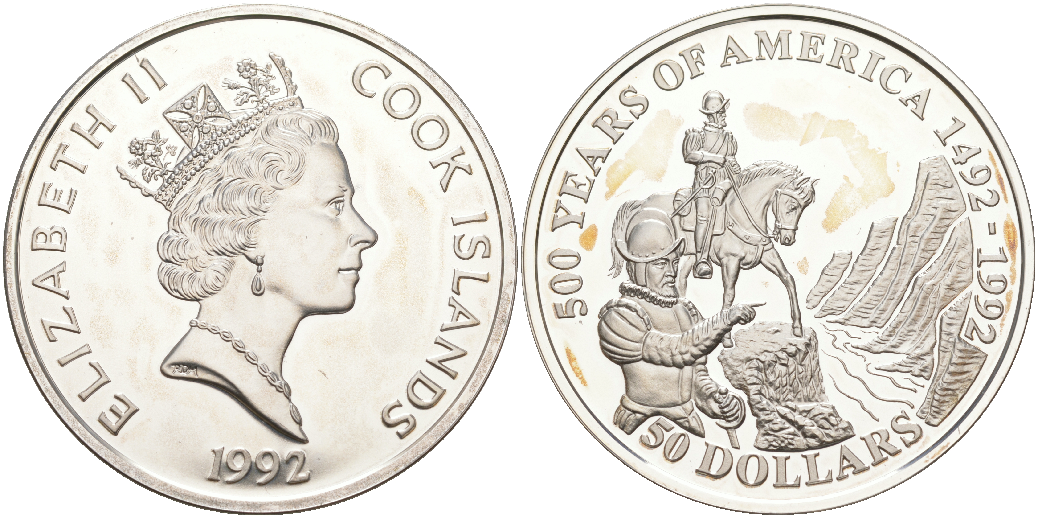 ОСТРОВА КУКА 50 ДОЛЛАРОВ 1992 500 ЛЕТ ОТКРЫТИЮ АМЕРИКИ, ФРАНСИСКО КОРОНАДО, ОТКРЫТИЕ ГРАНД КАНЬОНА, ВЕС 31,1035 ГР. KM 114 серебро PROOF 1074-7-33