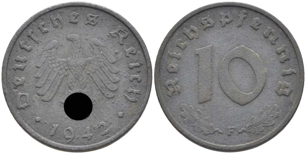 ГЕРМАНИЯ 10 РЕЙХСПФЕННИГОВ 1942 F KM 101, J. 371 цинк 4401-711