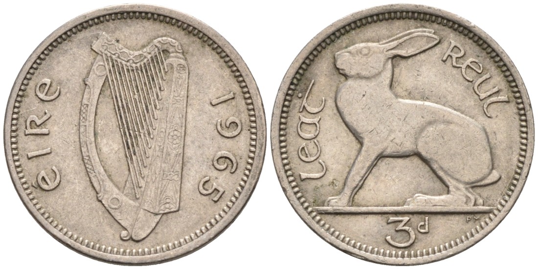 Ирландия 3 пенса 1965 заяц KM 12а медно-никель 92-236