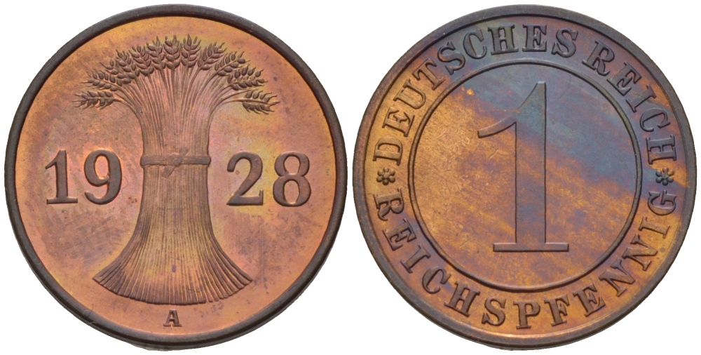 Германия 1 рейхспфенниг 1928 A J 313, KM 37 бронза  PROOF  11-227-16