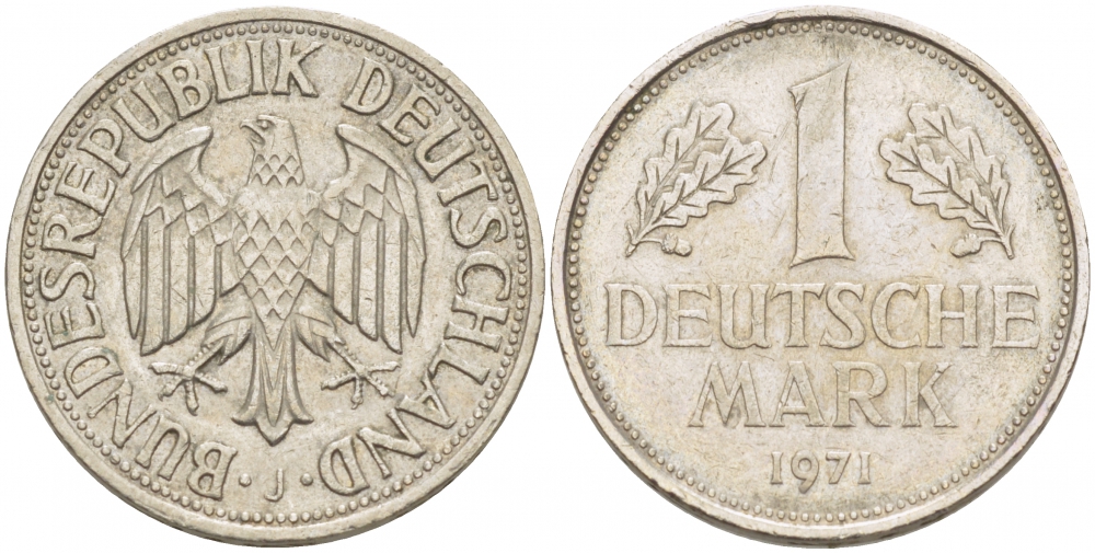 ФРГ 1 МАРКА 1971 J KM 110, J. 385 медно-никель 3718-1135
