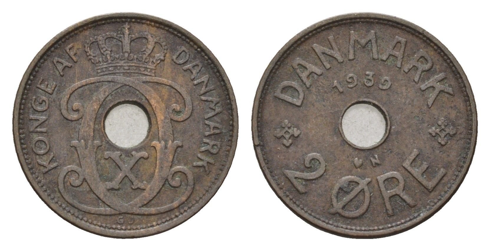 Дания 2 эре 1939 N, Кристиан X (1912-1947) KM 827 бронза 4701-917